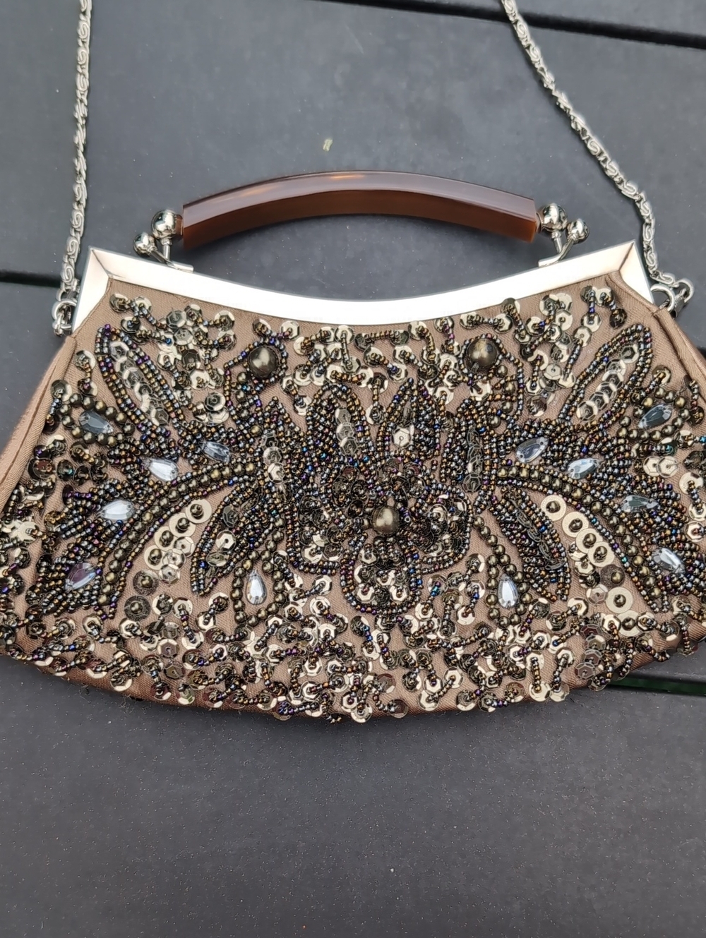 Embellished Taupe Evening Clutch with Detachable Chain - Picture 2 of 14
